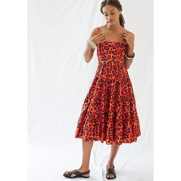 New Anthropologie by Geisha Leopard Tiered Midi Dress $198 MEDIUM Orange Motif - Picture 1 of 5